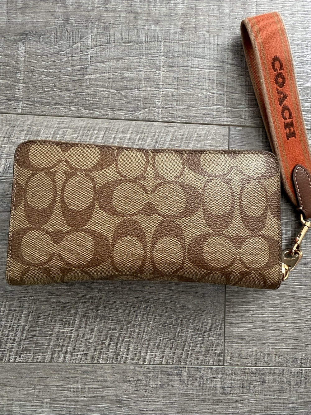 Coach Brown Signature Canvas Wristlet with Orange Strap - Picture 6 of 13